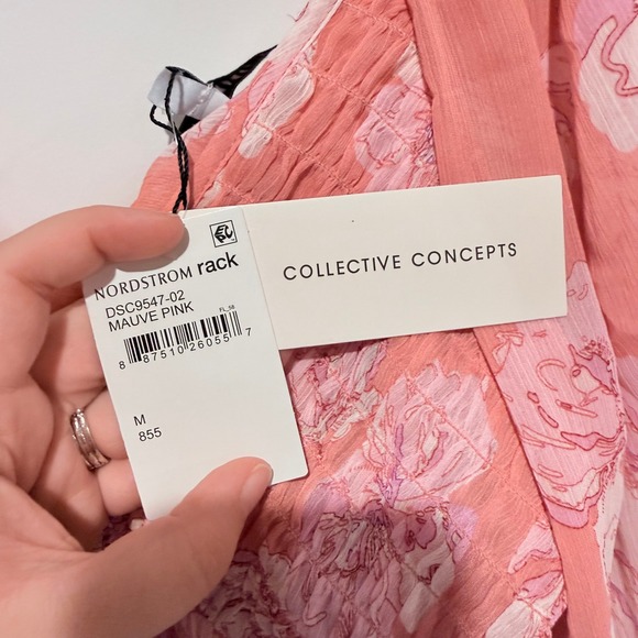 COLLECTIVE CONCEPTS Pink Floral Smocked V Neck Tie Back Mini Dress Women's M NEW - Picture 6 of 9